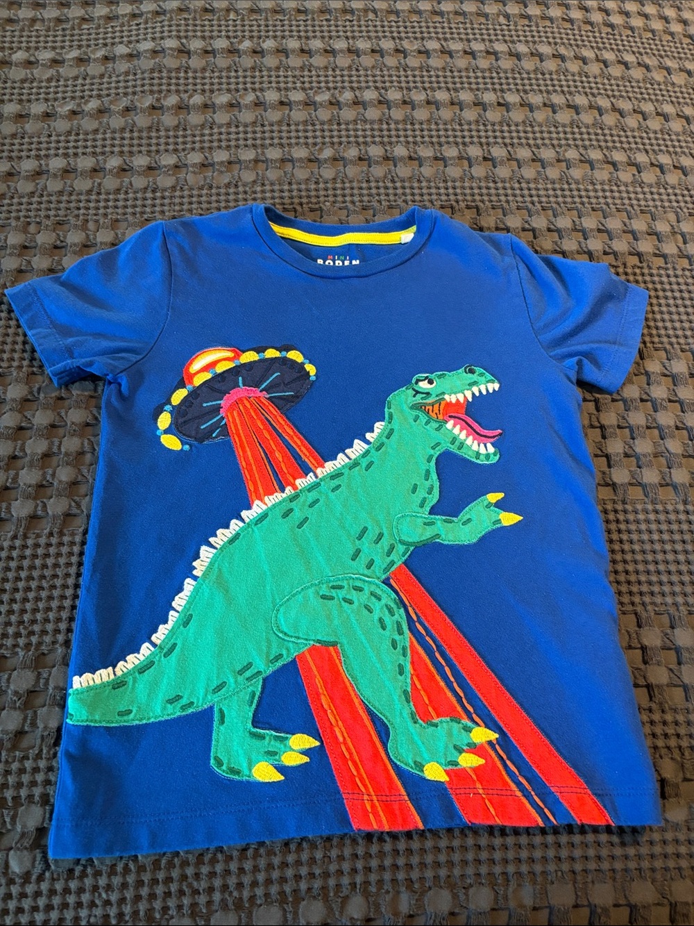 Boden Blue Kids T-Shirt with Green Dinosaur and UFO Graphic